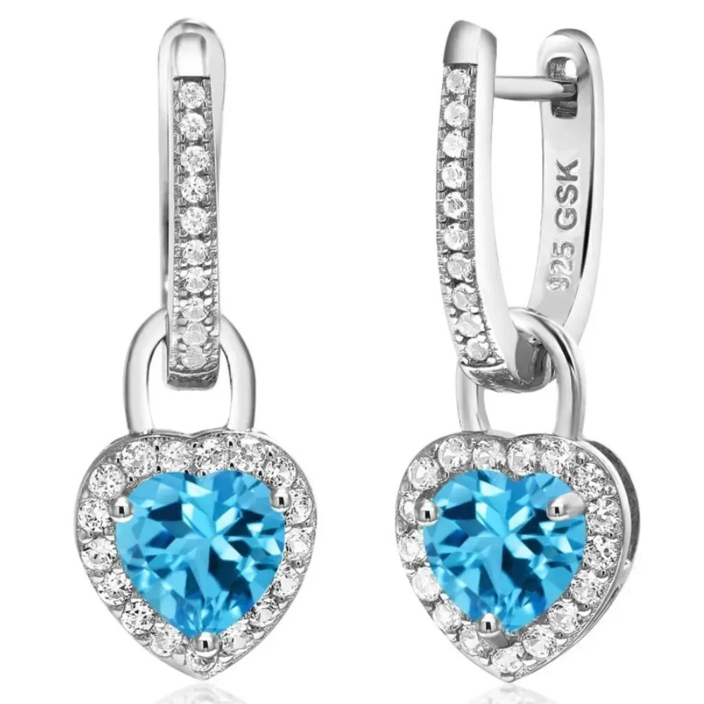 925 Sterling Silver 2.40 Cttw Swiss Blue Topaz and White Sapphire Heart Earrings
